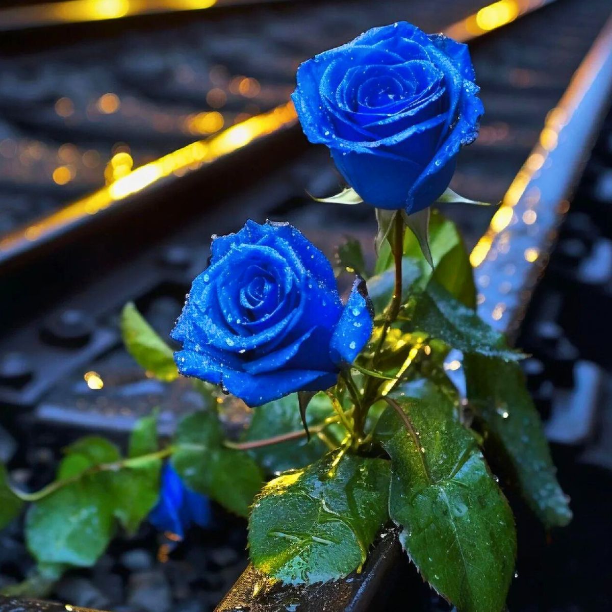 Blue rose on a railway line Blue rose on a railway line