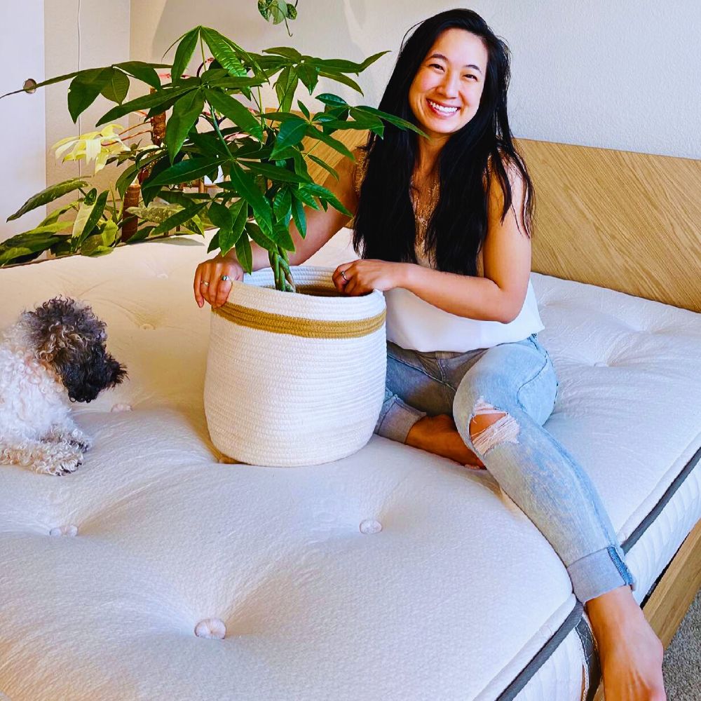Pachira Aquatica woman and her pet sitting beside a potted money tree plant