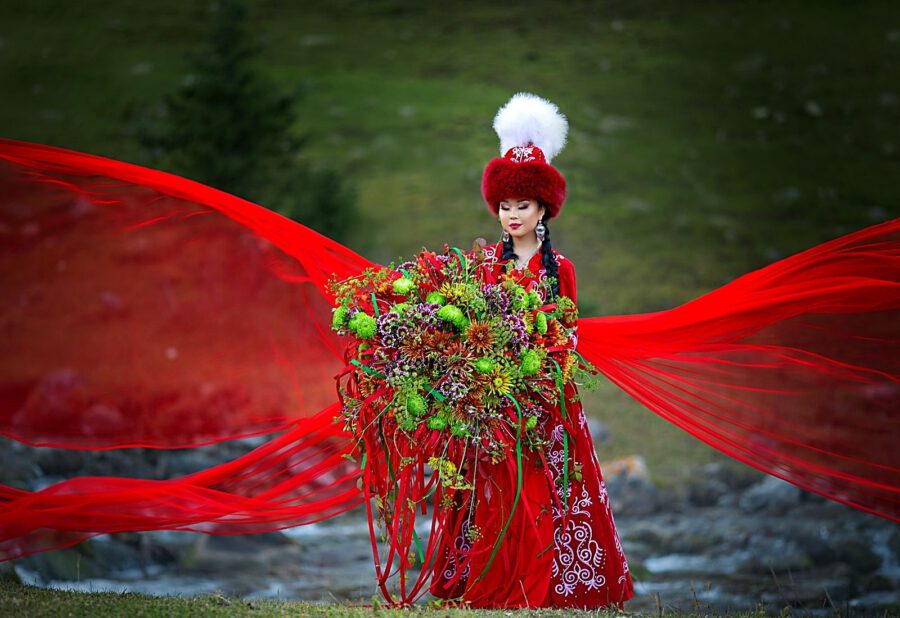 Mixed Bouquet with model in red Kyrgyzstan in Flowers